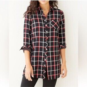 J JILL Black Red White Plaid Tunic Top Cotton Button Up Pockets Preppy Women's S